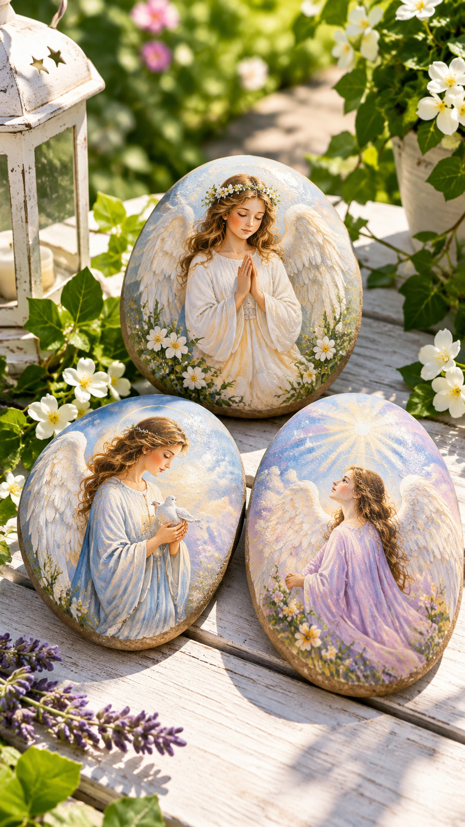 A sunrise angel painted rock featuring peach, coral, and soft gold colors, delicate wings, and glowing rays.