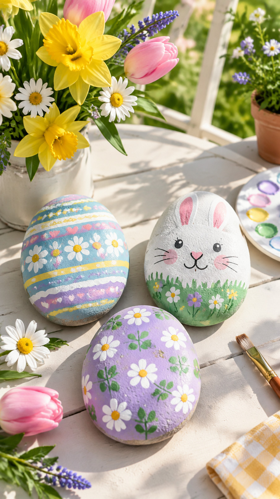 Sunrise ombre painted rock eggs in coral, peach, golden yellow, and soft pink arranged as cheerful Easter decorations.