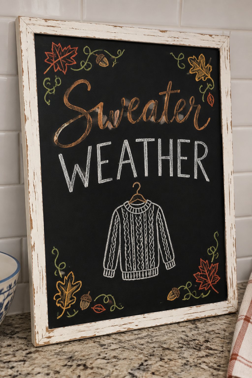 Sweater Weather Board: a framed fall chalkboard sign reading "Sweater Weather", hand-drawn in chalk with a cozy cable-knit sweater on a wooden hanger.