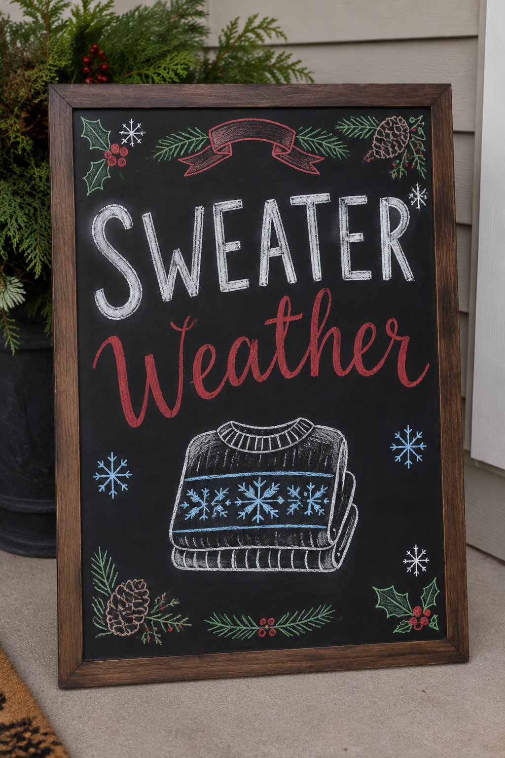 Sweater Weather Sign: a framed December chalkboard sign reading "Sweater Weather", hand-drawn in chalk with a folded knit sweater with a snowflake pattern across the front.
