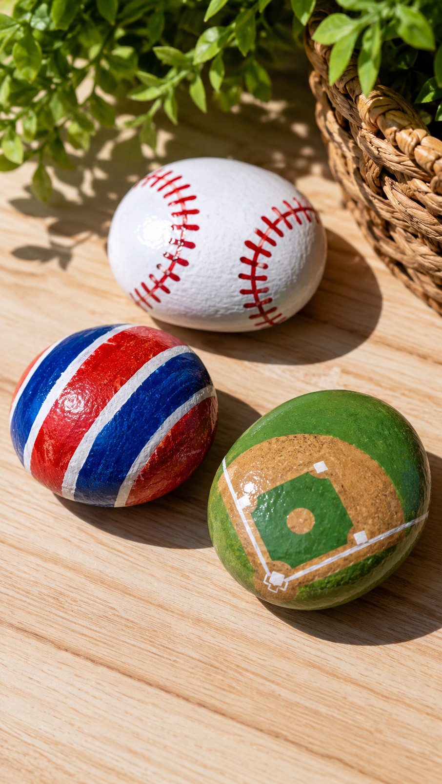 A painted baseball rock decorated with bold team-color stripes and red stitches sits on a display surface.