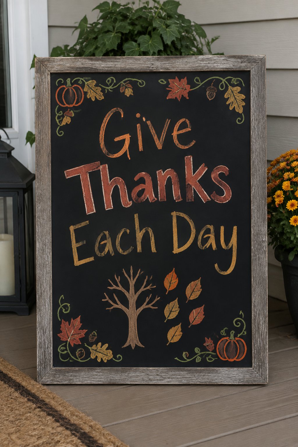 Thankful Countdown Tree: a framed chalkboard sign showing "Give Thanks Each Day", hand-drawn in fall chalk colors, with a small bare tree with five leaves drawn beside it, one leaf for each day left.