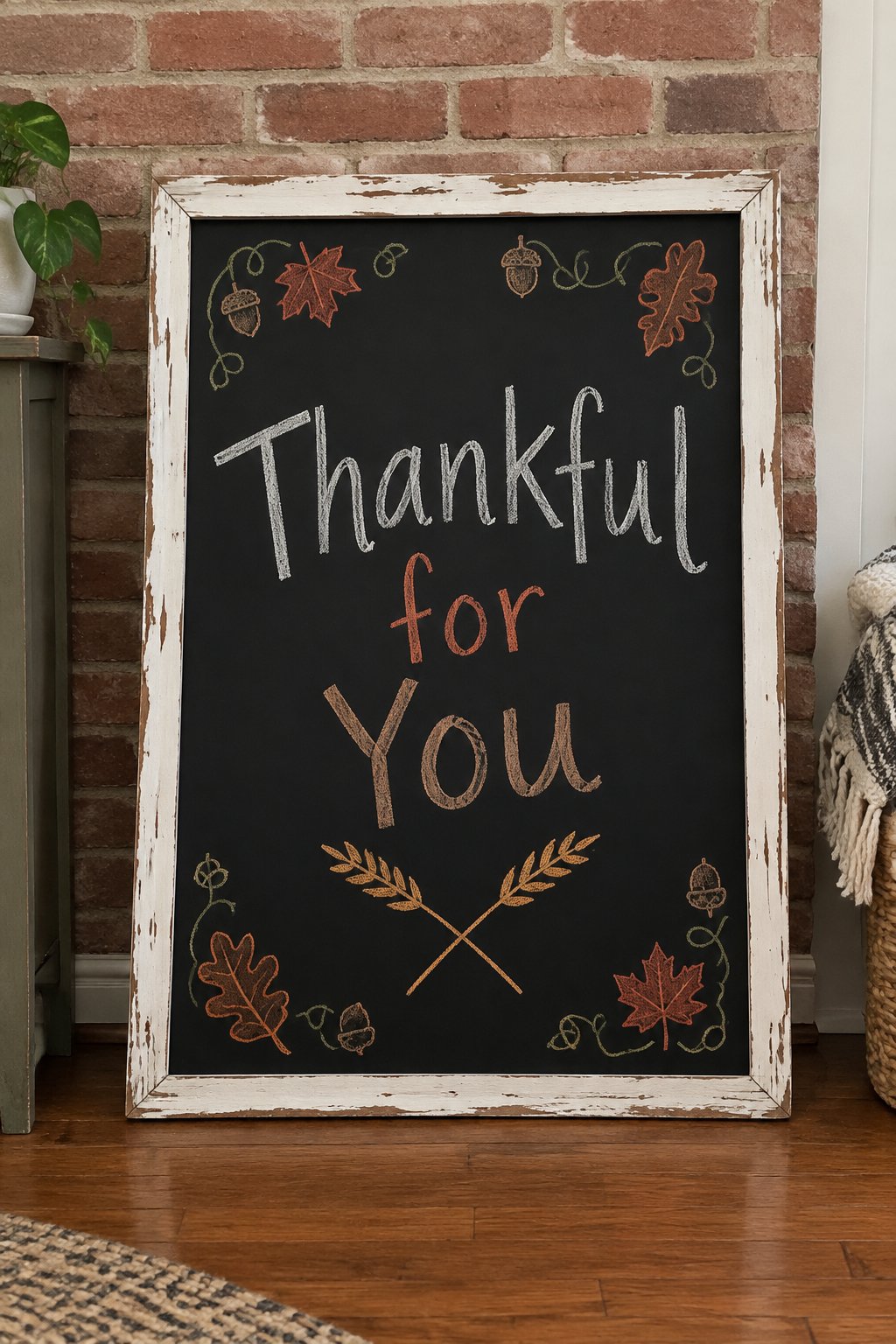 Thankful For You: a framed chalkboard sign showing "Thankful for You", hand-drawn in fall chalk colors, with two small wheat stalks crossed like an X beneath the words.