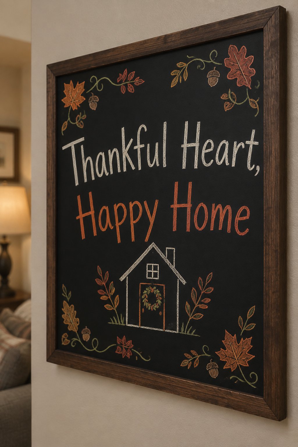 Thankful Heart Happy Home: a framed chalkboard sign showing "Thankful Heart, Happy Home", hand-drawn in fall chalk colors, with a small house outline with a leaf wreath on the door.