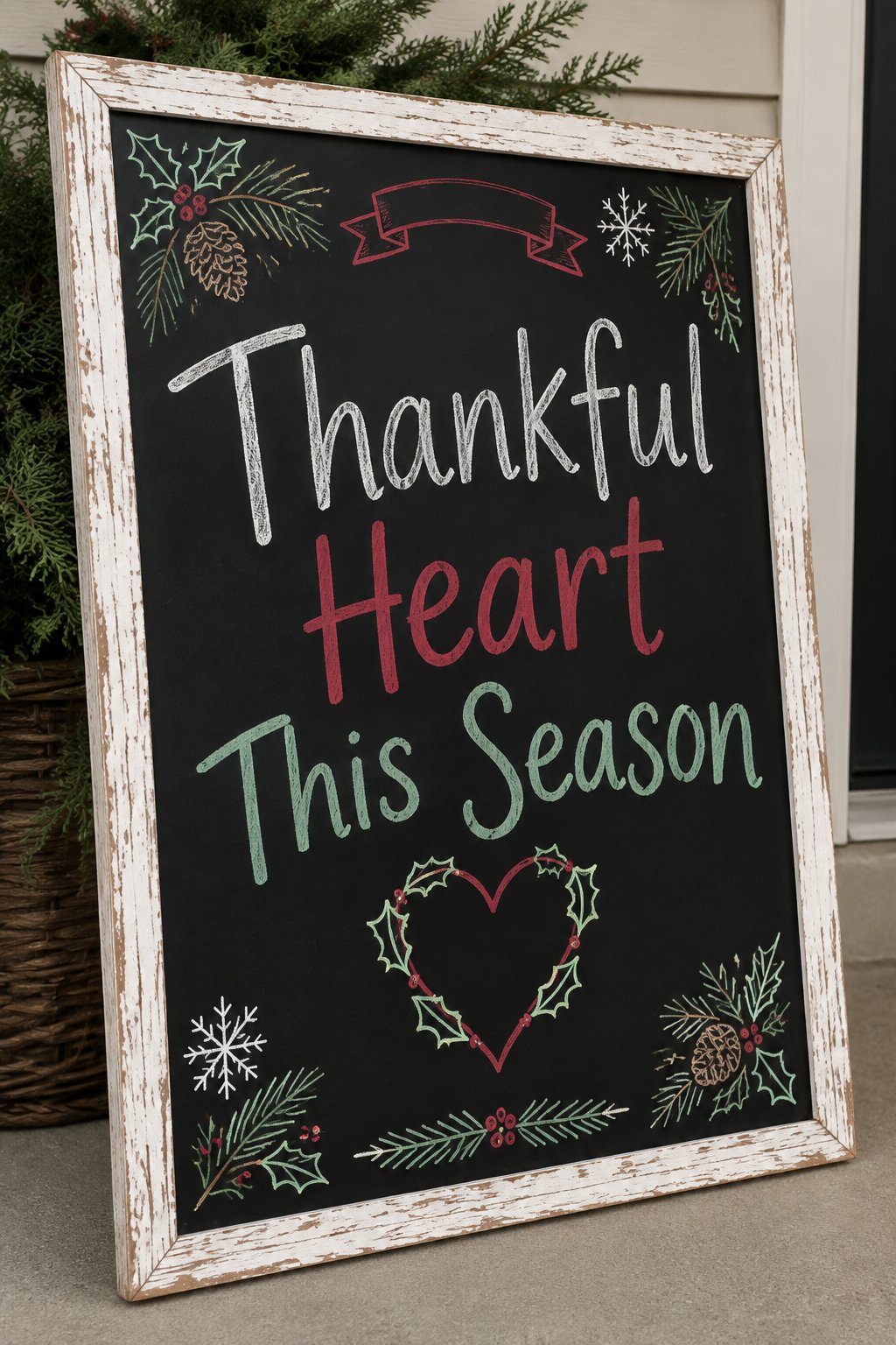 Thankful Heart This Season: a framed chalkboard sign showing "Thankful Heart This Season", hand-drawn in white, deep red, sage green and gold chalk, with a heart shape traced with a few small holly le