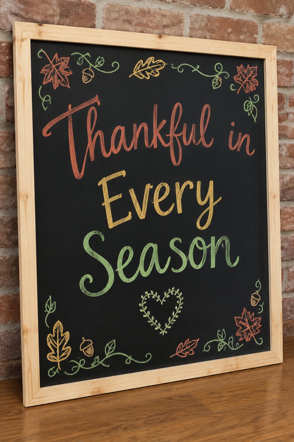 Thankful in Every Season Board: a framed fall chalkboard sign reading "Thankful in Every Season", hand-drawn in chalk with a small heart made of tiny leaves.