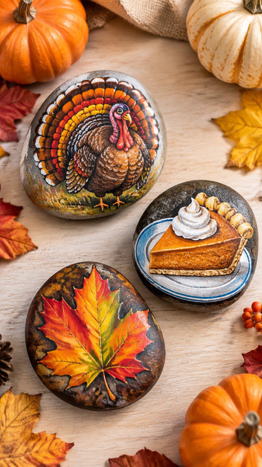 Hand-painted Thanksgiving rock with the word thankful, autumn leaves, and golden dots on a warm brown background.