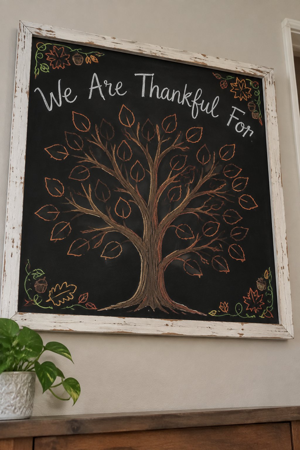 Thankful Tree: a framed Thanksgiving chalkboard sign reading "We Are Thankful For", hand-drawn in chalk with a bare tree with empty chalk leaves waiting to be filled in.