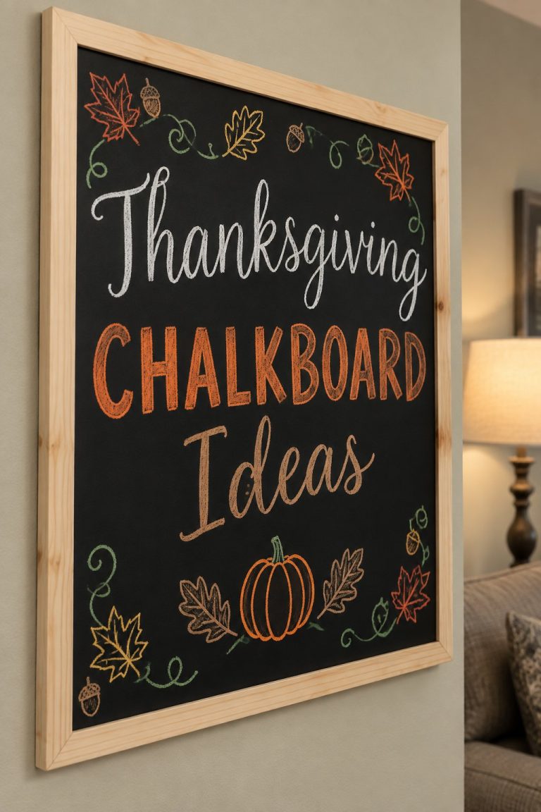 A framed chalkboard sign reading "Thanksgiving Chalkboard Ideas", hand-drawn in fall chalk colors.