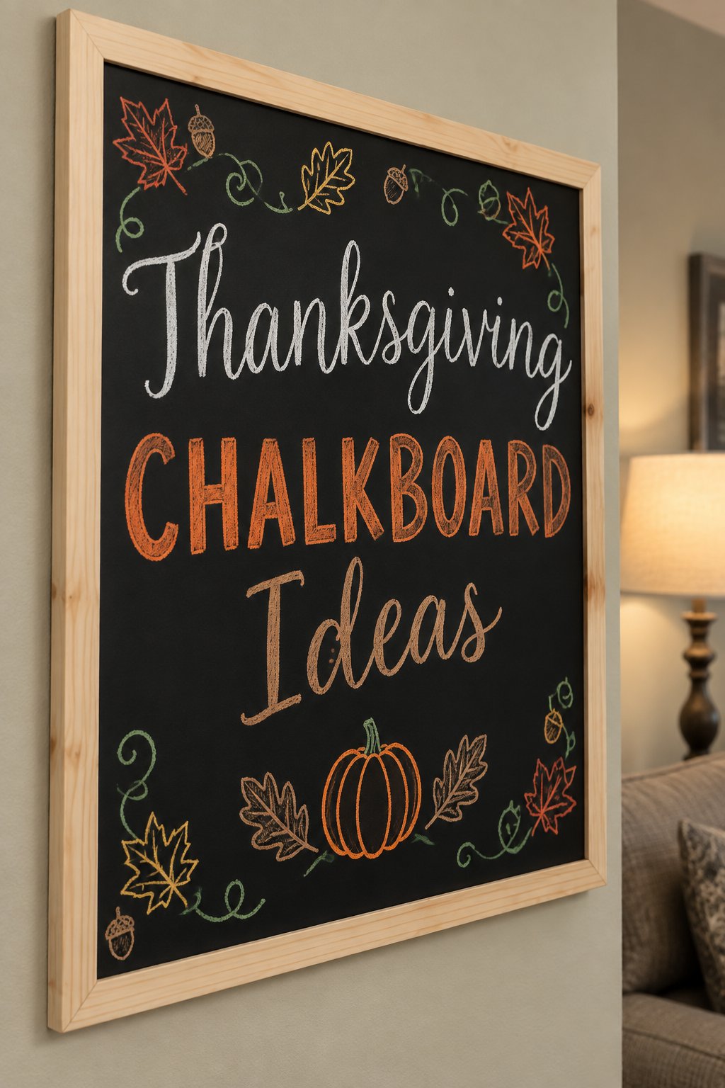 A framed chalkboard sign reading "Thanksgiving Chalkboard Ideas", hand-drawn in fall chalk colors.