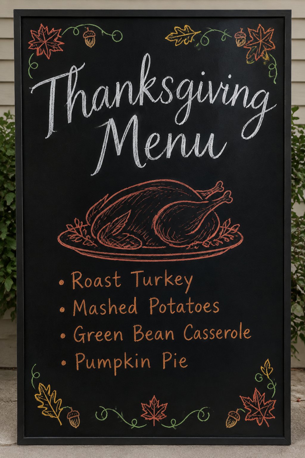 Thanksgiving Dinner Menu: a framed Thanksgiving chalkboard sign reading "Thanksgiving Menu", hand-drawn in chalk with a roast turkey on a platter with a short list of dishes.