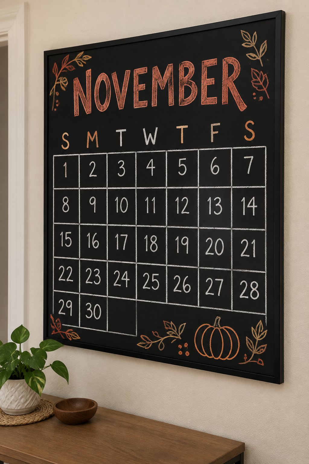 Thanksgiving Marked Grid: a framed chalkboard sign showing "NOVEMBER", hand-drawn in fall chalk colors, with a small pumpkin doodled beside the last row to mark Thanksgiving week.