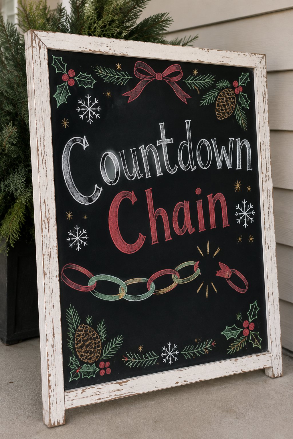 The Christmas Countdown Chain: a framed chalkboard sign reading "Countdown Chain", hand-drawn in chalk with a paper chain with links being torn off.