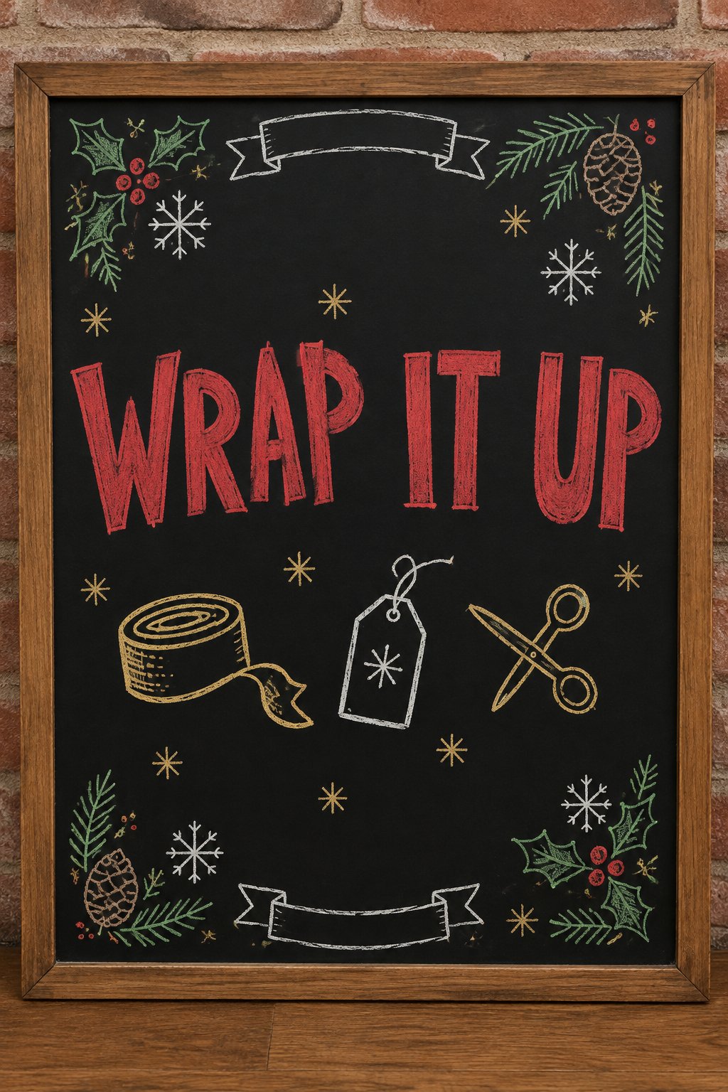 The Gift Wrap Corner: a framed December chalkboard sign reading "Wrap It Up", hand-drawn in chalk with a roll of ribbon, a gift tag and a small pair of scissors in a row.