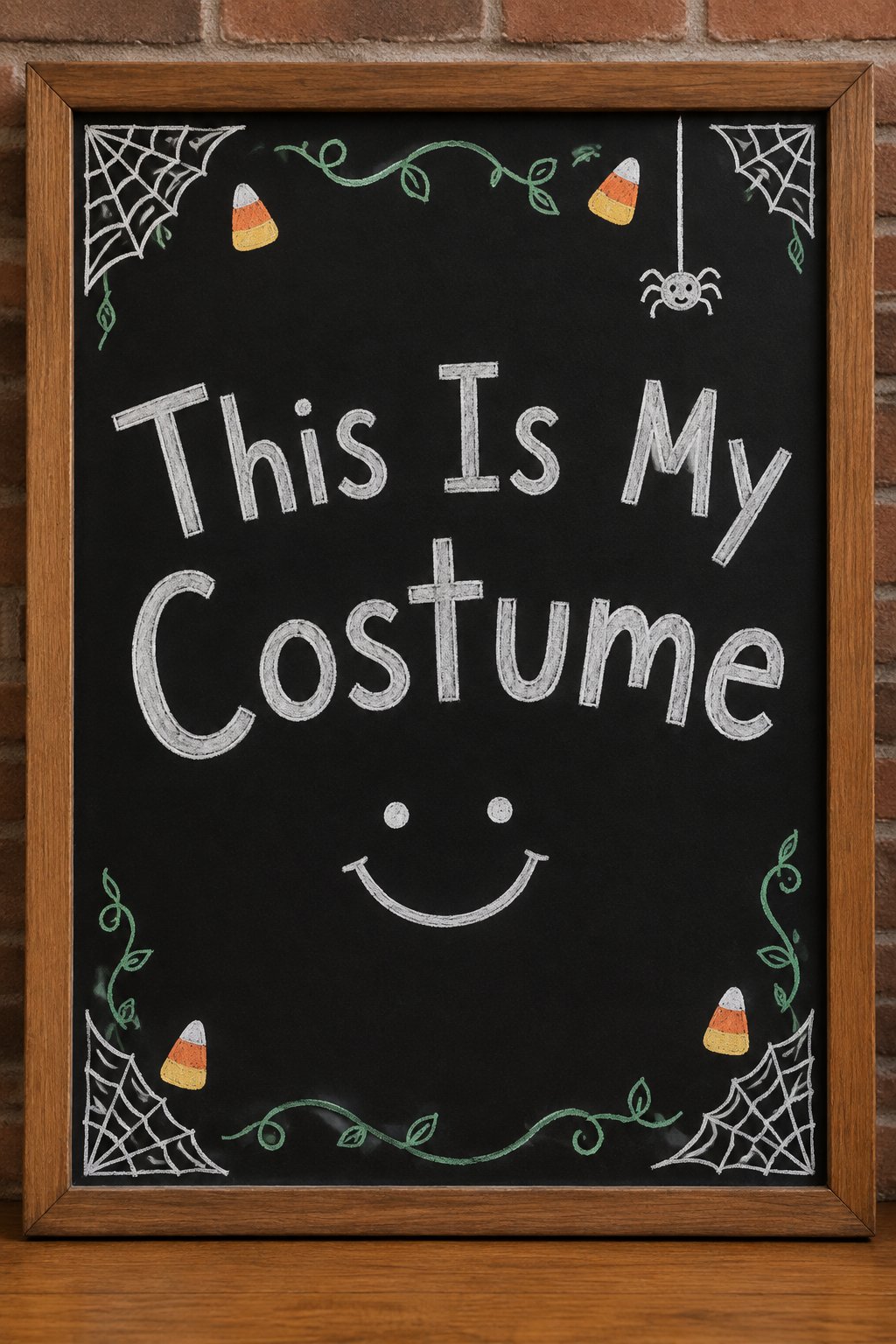 This Is My Costume: a framed Halloween chalkboard sign reading "This Is My Costume", hand-drawn in chalk with a plain smiling face with two dot eyes and a shrug-shaped mouth.
