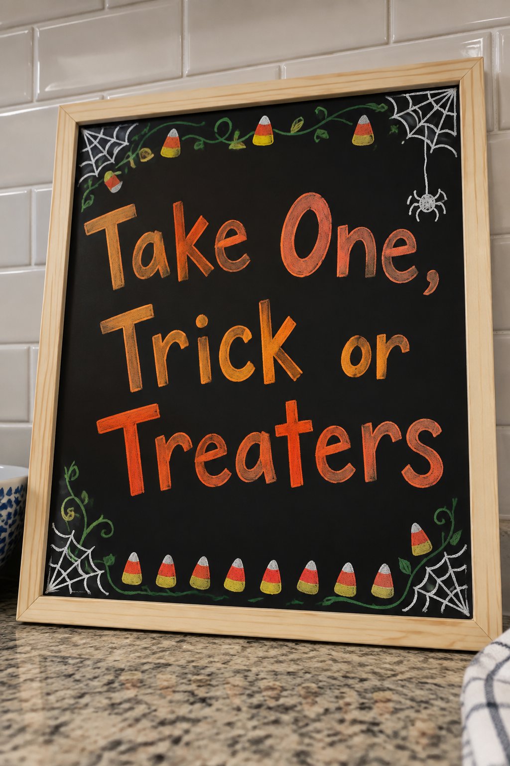 Trick or Treat Candy Station: a framed Halloween chalkboard sign reading "Take One, Trick or Treaters", hand-drawn in chalk with a row of small candy corn pieces along the bottom edge.