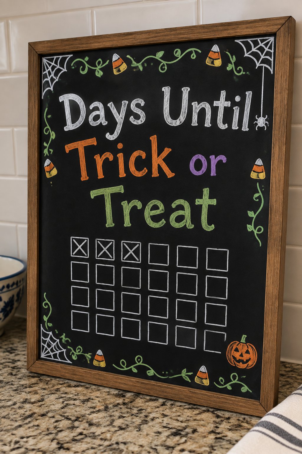 Trick or Treat Countdown: a framed Halloween chalkboard sign reading "Days Until Trick or Treat", hand-drawn in chalk with a grid of small squares with the first few crossed off, a tiny pumpkin in the