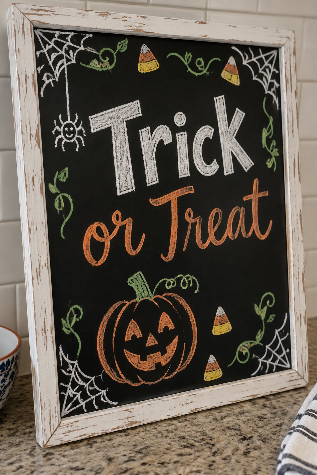 Trick or Treat Welcome: a framed Halloween chalkboard sign reading "Trick or Treat", hand-drawn in chalk with a smiling round pumpkin with a triangle nose sitting beside the words.