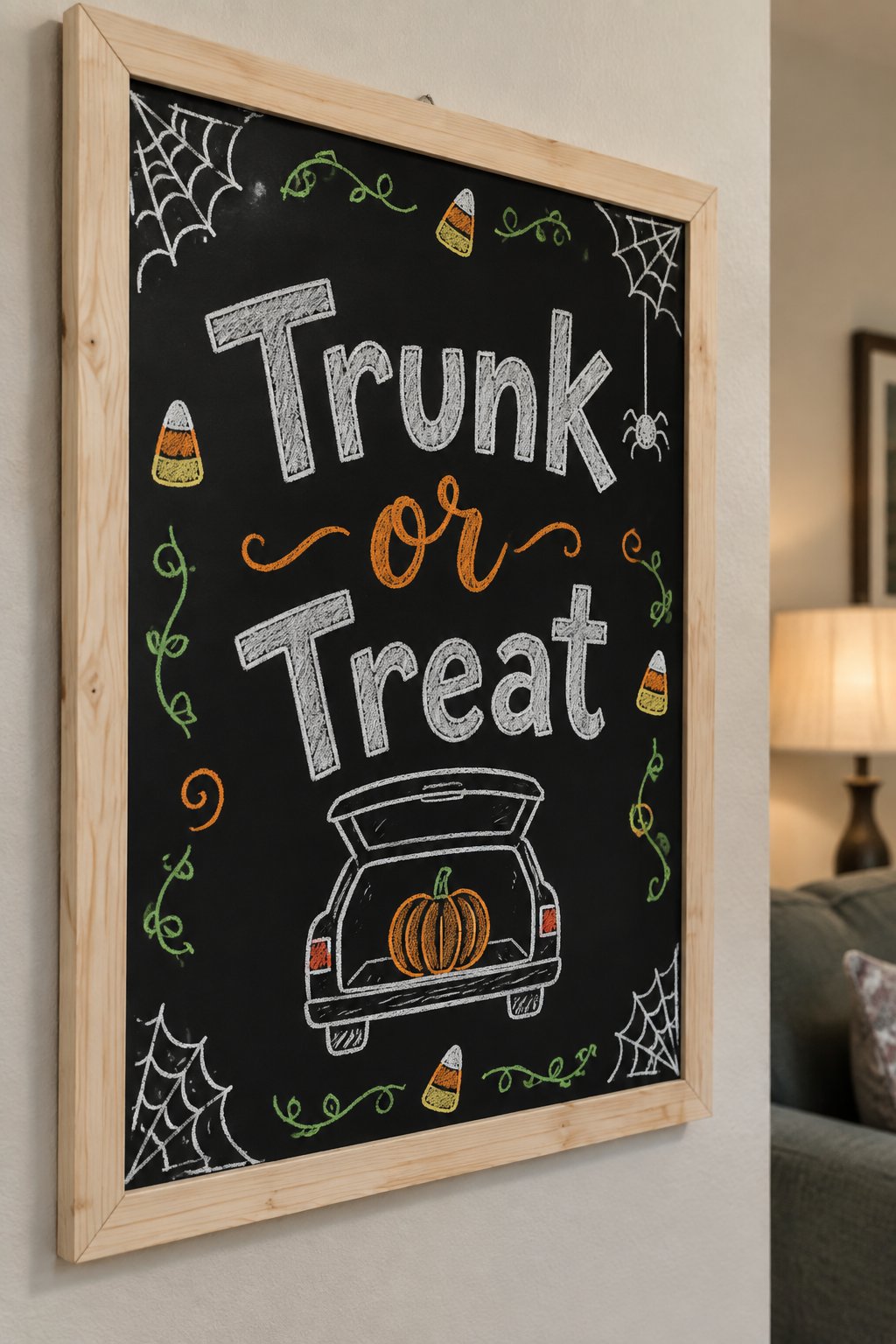 Trunk or Treat Sign: a framed Halloween chalkboard sign reading "Trunk or Treat", hand-drawn in chalk with a small round pumpkin sitting in an open car trunk drawn simply.