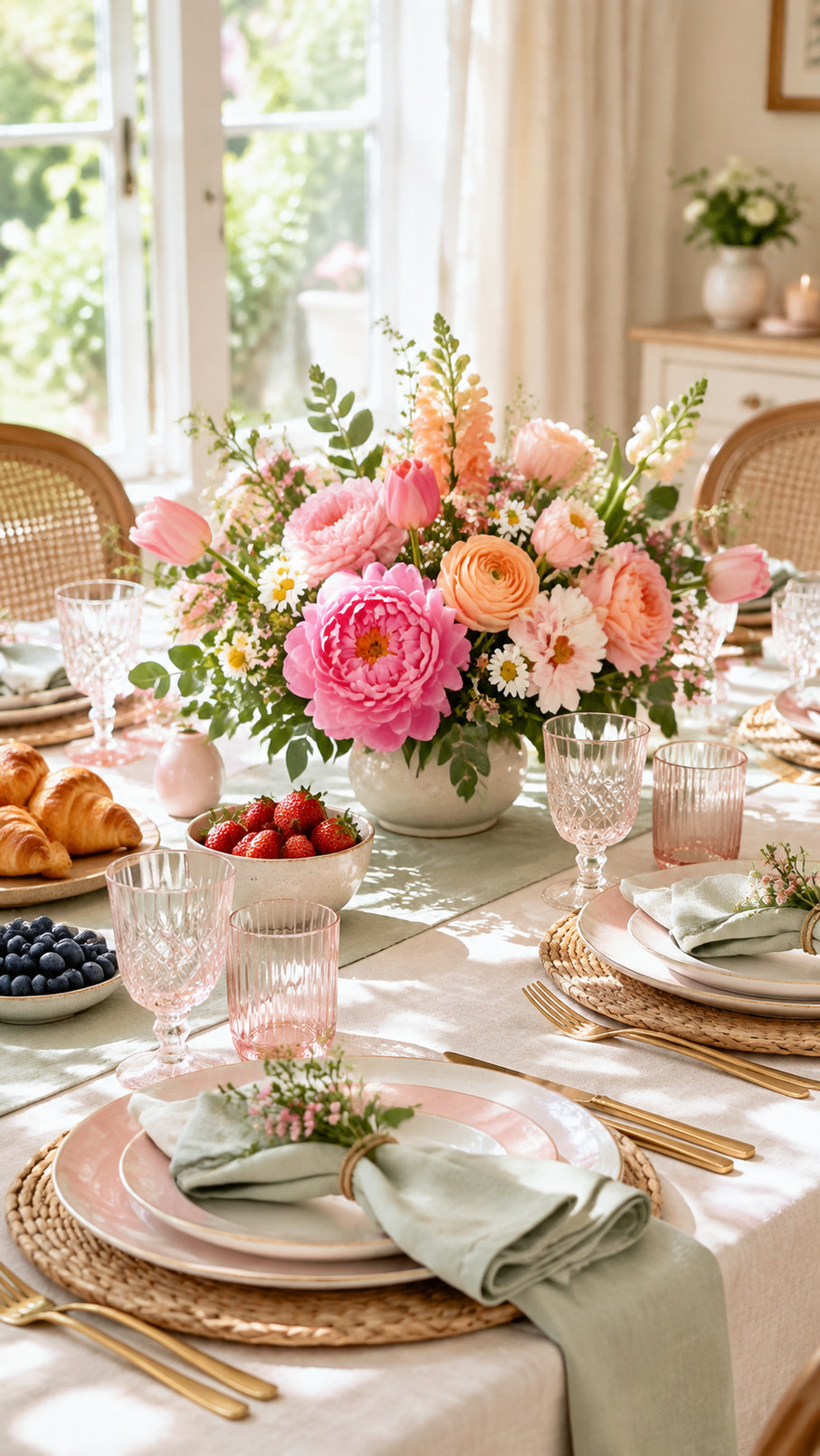 A Mother's Day tablescape featuring blush, coral, and yellow tulips surrounding glowing tea lights as a colorful spring centerpiece.