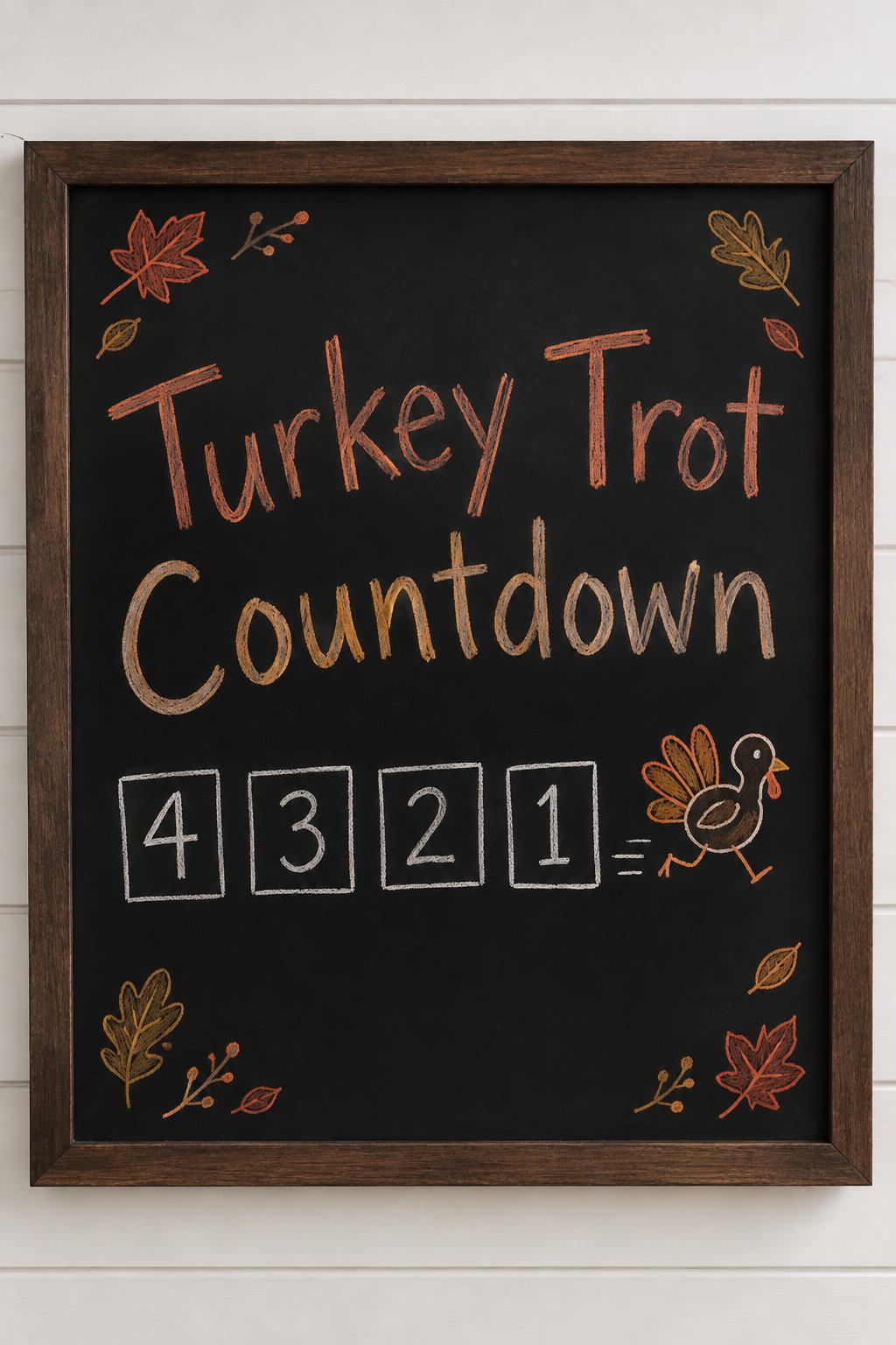 Turkey Trot Countdown: a framed chalkboard sign showing "Turkey Trot Countdown", hand-drawn in fall chalk colors, with four small numbered boxes 4 3 2 1 with a tiny running turkey doodle beside the la