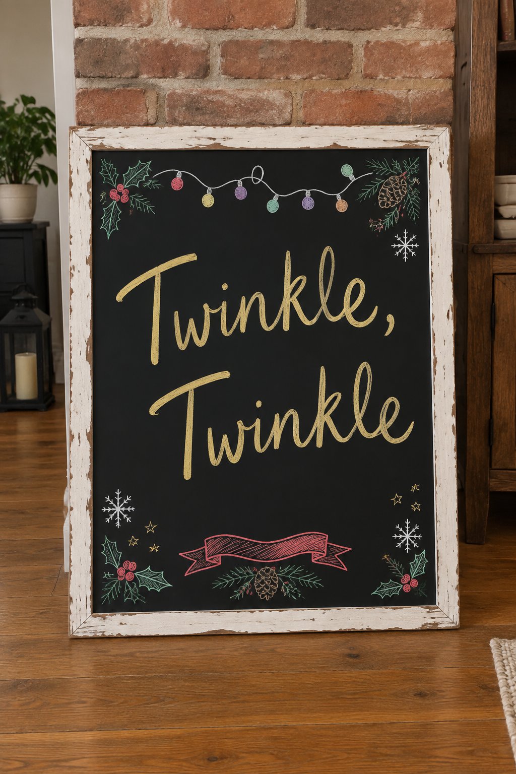 Twinkle Lights Everywhere: a framed December chalkboard sign reading "Twinkle, Twinkle", hand-drawn in chalk with a string of small round lights looping across the top edge.