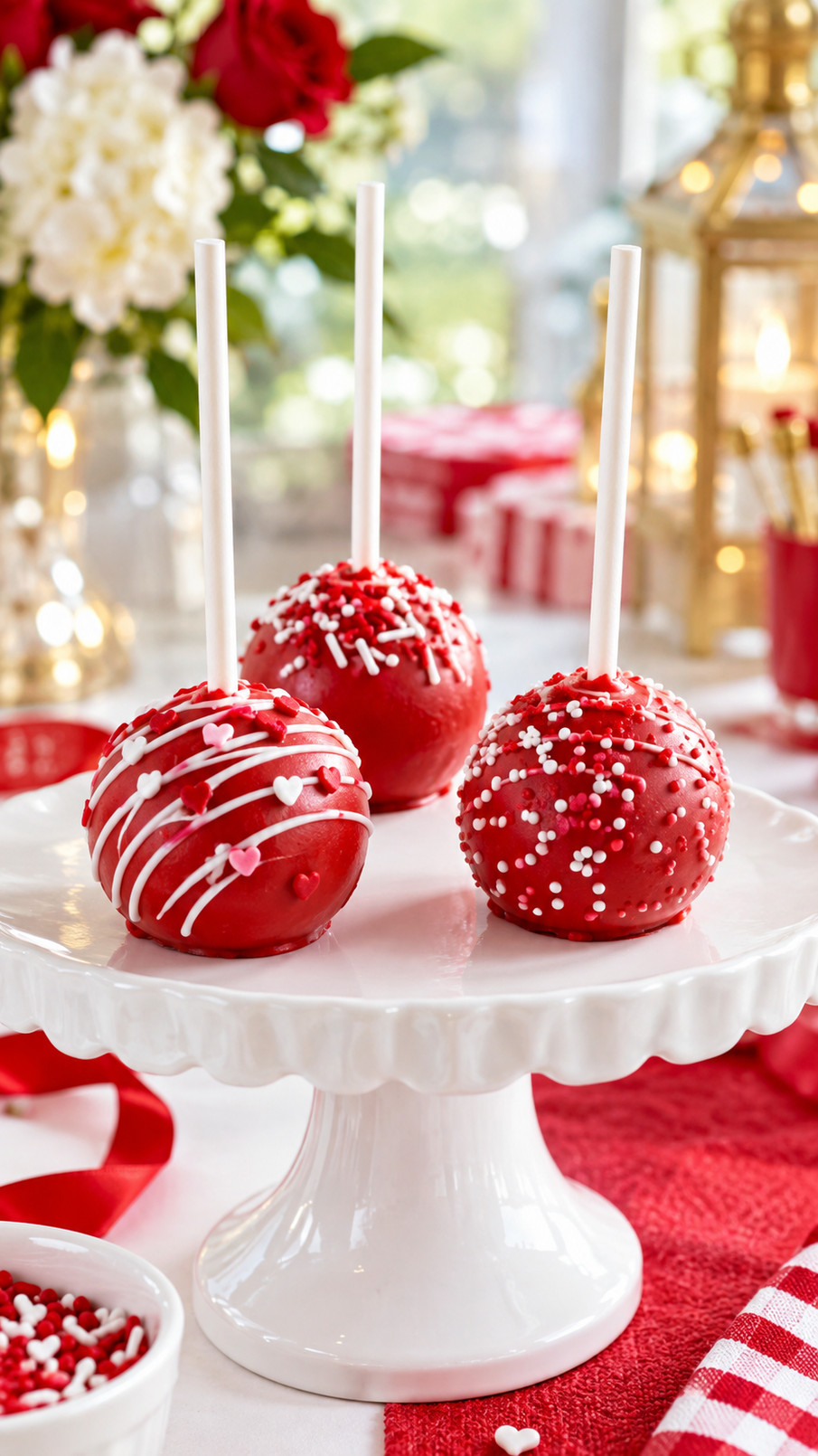 Photo of vibrant red cherry-filled cake pops with smooth ruby coating arranged on sticks on a festive dessert table.