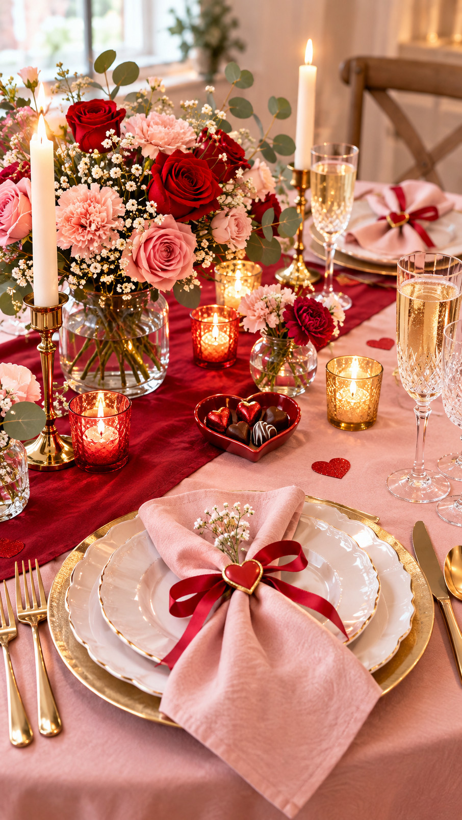Velvet heart-shaped placemats in rich jewel tones decorate a romantic Valentine's Day tablescape.