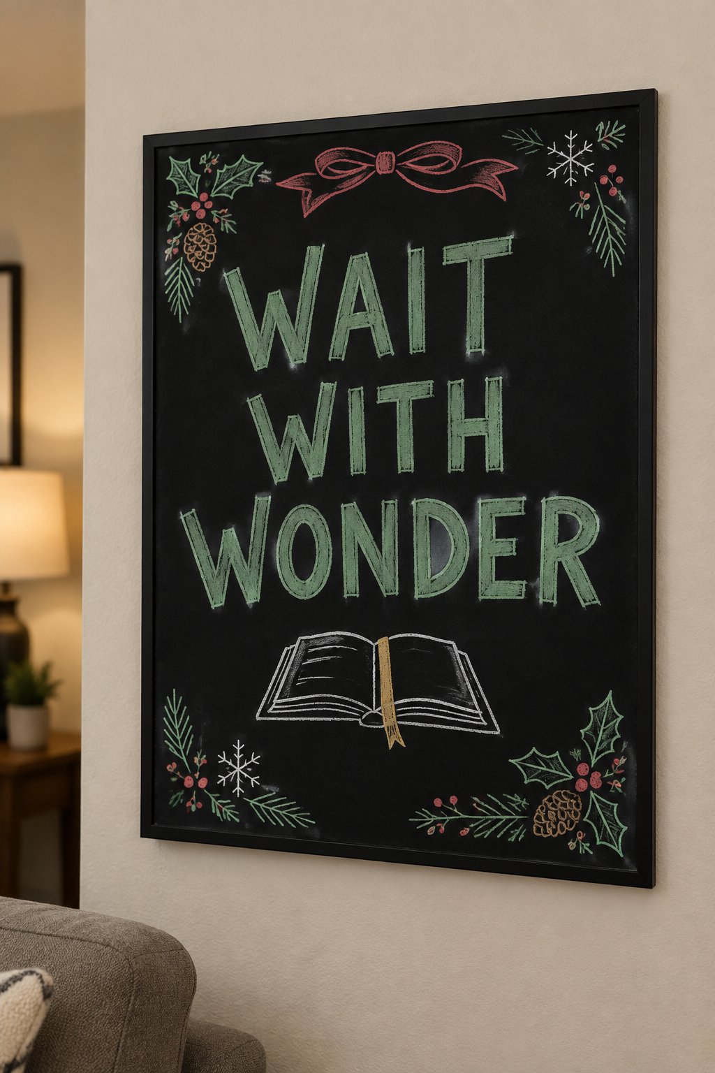 Wait With Wonder: a framed December chalkboard sign reading "Wait With Wonder", hand-drawn in chalk with a small open book lying flat with a ribbon marker across the page.