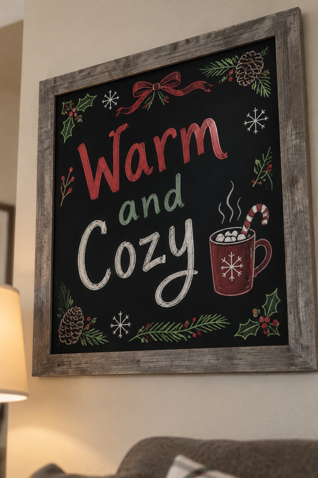 Warm and Cozy: a framed chalkboard sign showing "Warm and Cozy", hand-drawn in white, deep red, sage green and gold chalk, with a mug of cocoa with a candy cane resting on the rim, drawn beside the wo