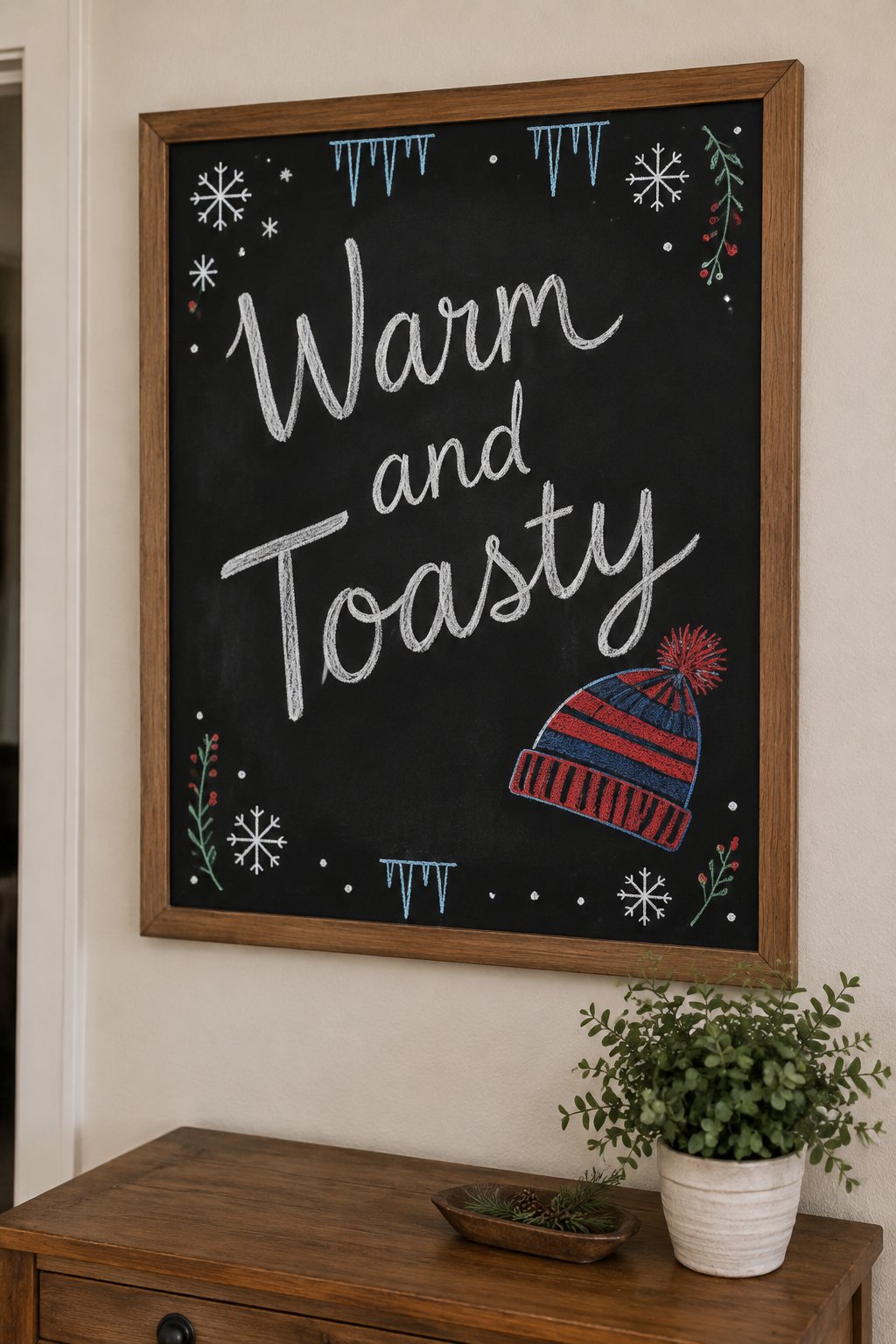 Warm and Toasty Sign: a framed winter chalkboard sign reading "Warm and Toasty", hand-drawn in chalk with a striped winter beanie sitting beside the words.