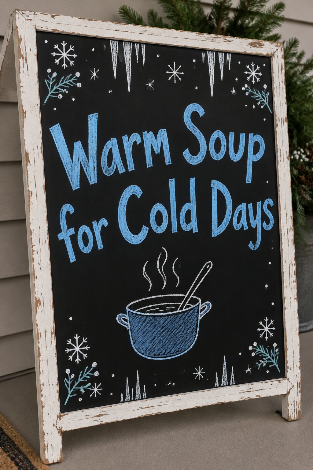 Warm Soup Cold Days Board: a framed winter chalkboard sign reading "Warm Soup for Cold Days", hand-drawn in chalk with a small ladle resting in a steaming pot.