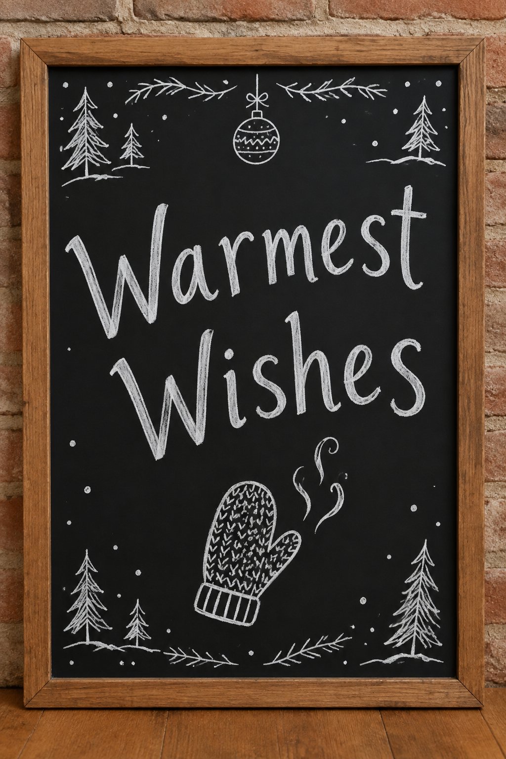 Warmest Wishes: a framed chalkboard sign reading "Warmest Wishes", hand-drawn in chalk with a knitted mitten and a curl of steam.