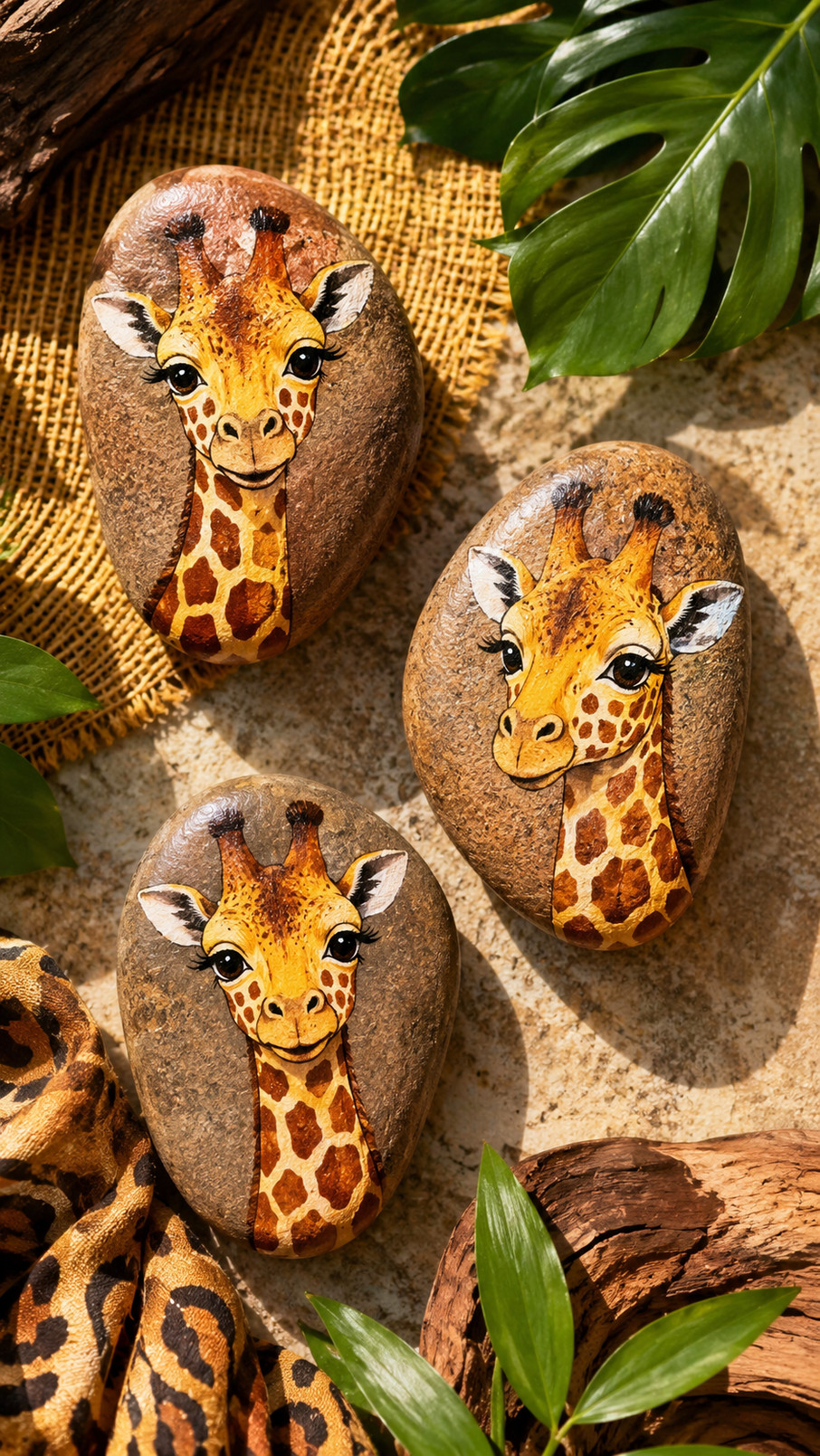 A watercolor-painted giraffe rock with soft peach, teal, yellow, and brown colors, delicate spots, and a dreamy storybook appearance.
