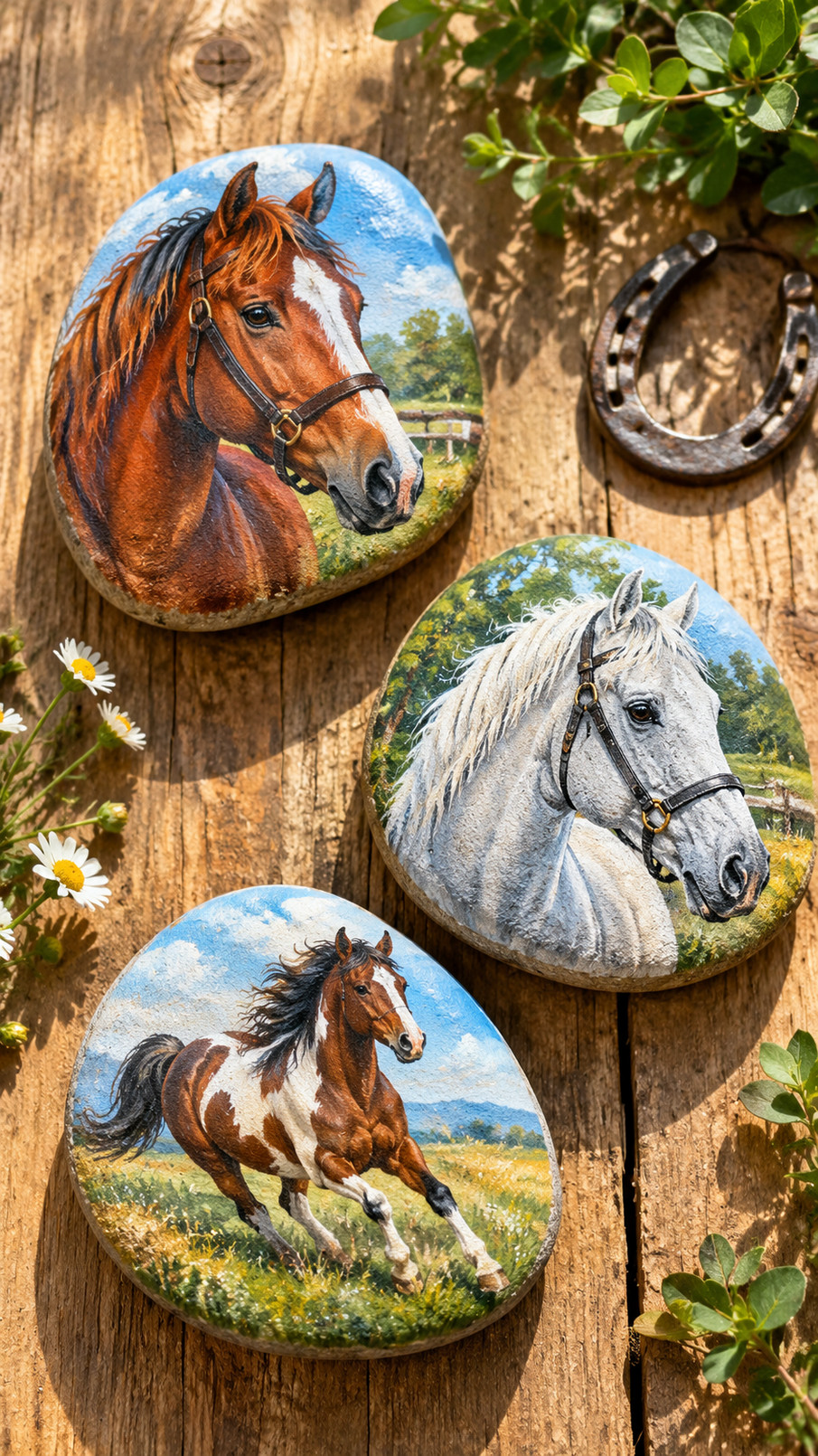 A watercolor horse portrait painted on a smooth rock with lavender, turquoise, and sienna tones and a flowing mane.