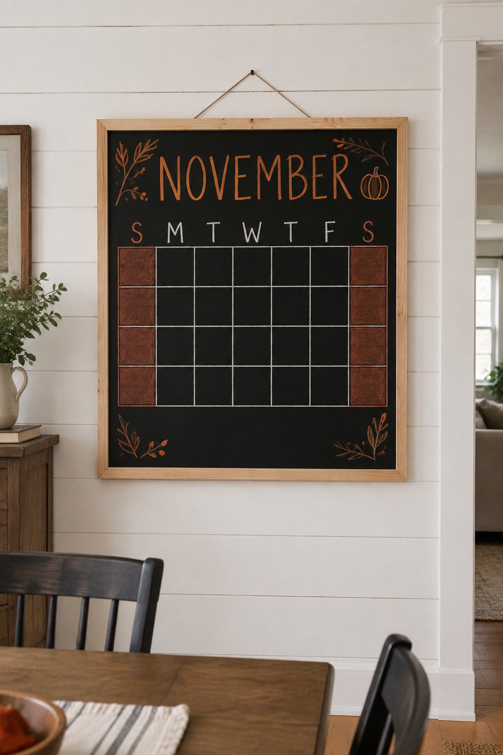 Weekend Highlight Grid: a framed chalkboard sign showing "NOVEMBER", hand-drawn in fall chalk colors, with the two weekend columns shaded a soft rust color.