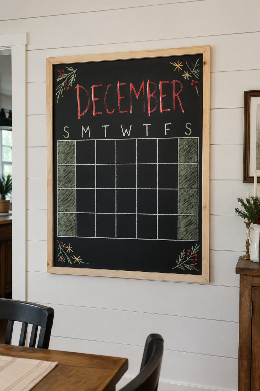 Weekend Holiday Grid: a framed chalkboard sign showing "DECEMBER", hand-drawn in white, deep red, sage green and gold chalk, with the two weekend columns shaded a soft sage green.