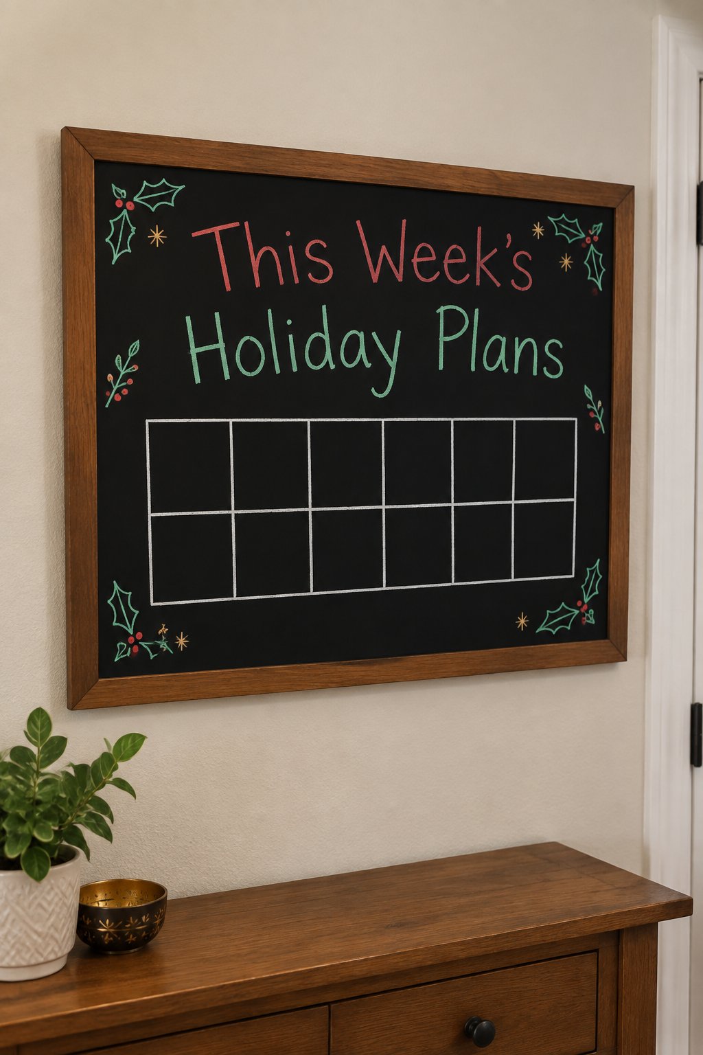 Weekly Holiday Planner: a framed chalkboard sign showing "This Week's Holiday Plans", hand-drawn in white, deep red, sage green and gold chalk, with a few small holly leaf doodles scattered near the b