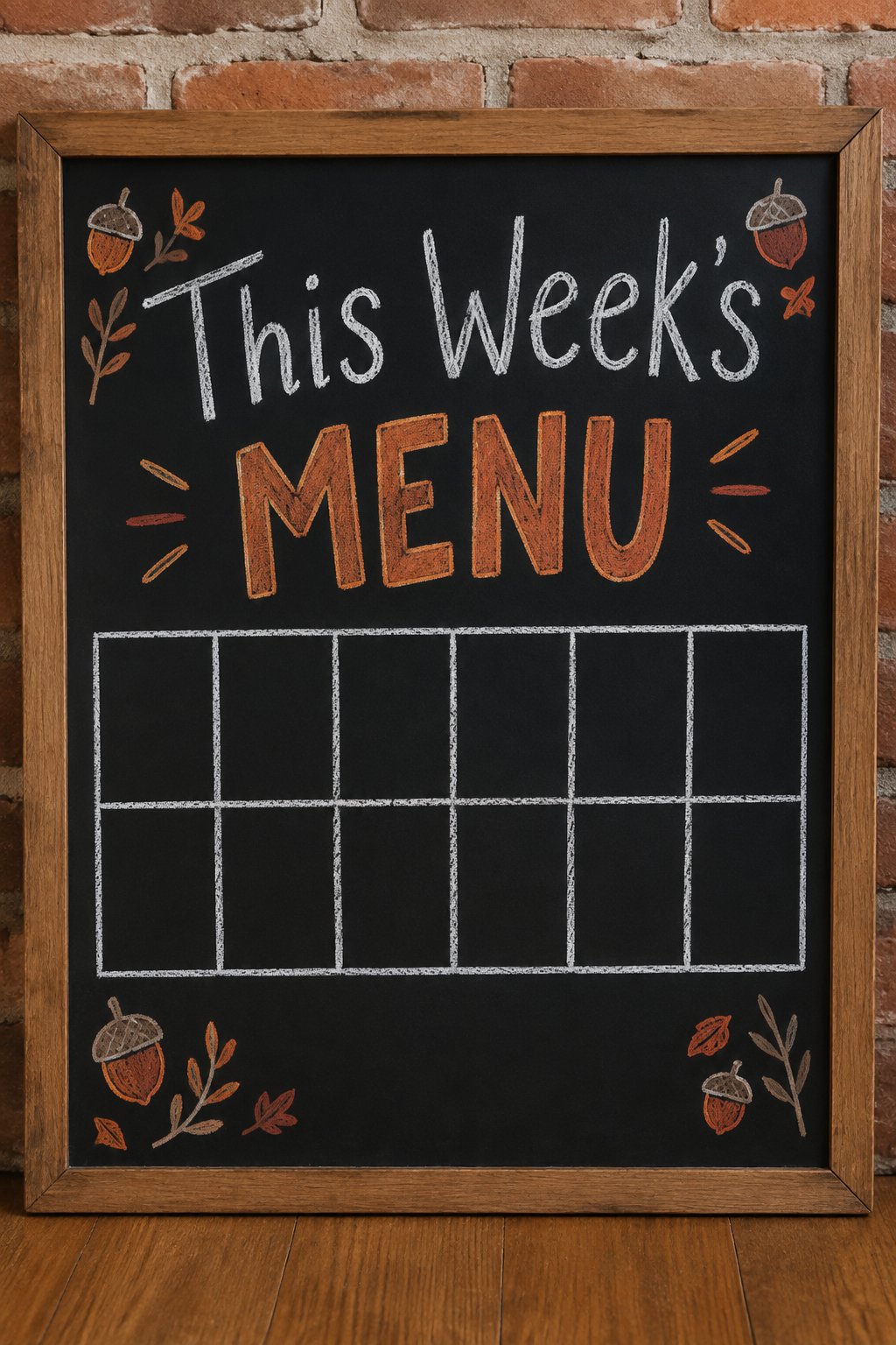 Weekly Meal Planner: a framed chalkboard sign showing "This Week's Menu", hand-drawn in fall chalk colors, with a few small acorn doodles scattered near the boxes.