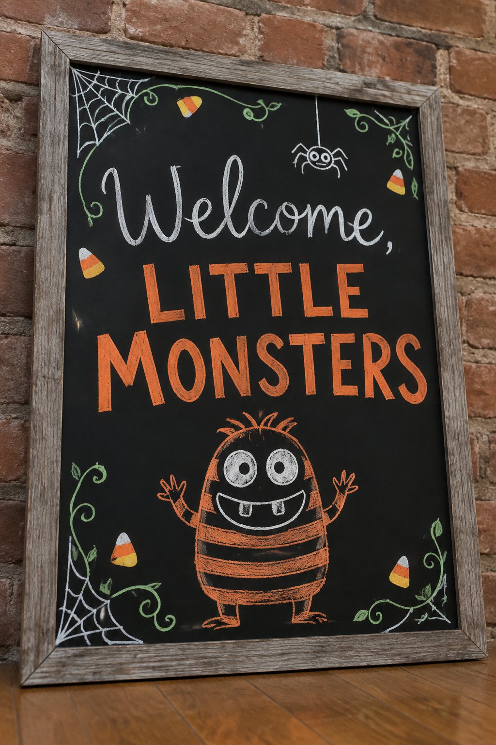 Welcome Little Monsters: a framed Halloween chalkboard sign reading "Welcome, Little Monsters", hand-drawn in chalk with a friendly striped monster with two round eyes and a big goofy grin.