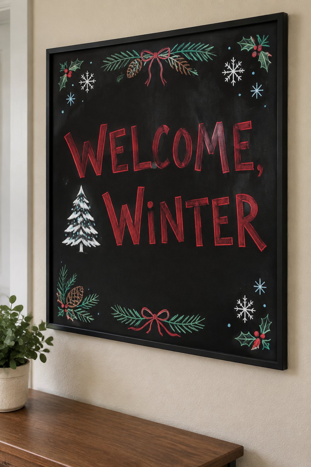 Welcome Winter Friends: a framed December chalkboard sign reading "Welcome, Winter", hand-drawn in chalk with a small snow-dusted pine tree beside the words.