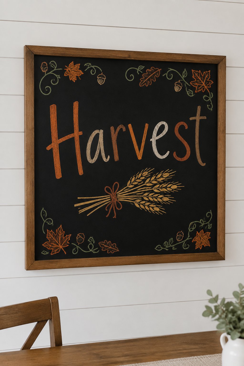 Wheat Bundle Board: a framed chalkboard sign showing "Harvest", hand-drawn in fall chalk colors, with a single tied bundle of wheat drawn beneath the word.