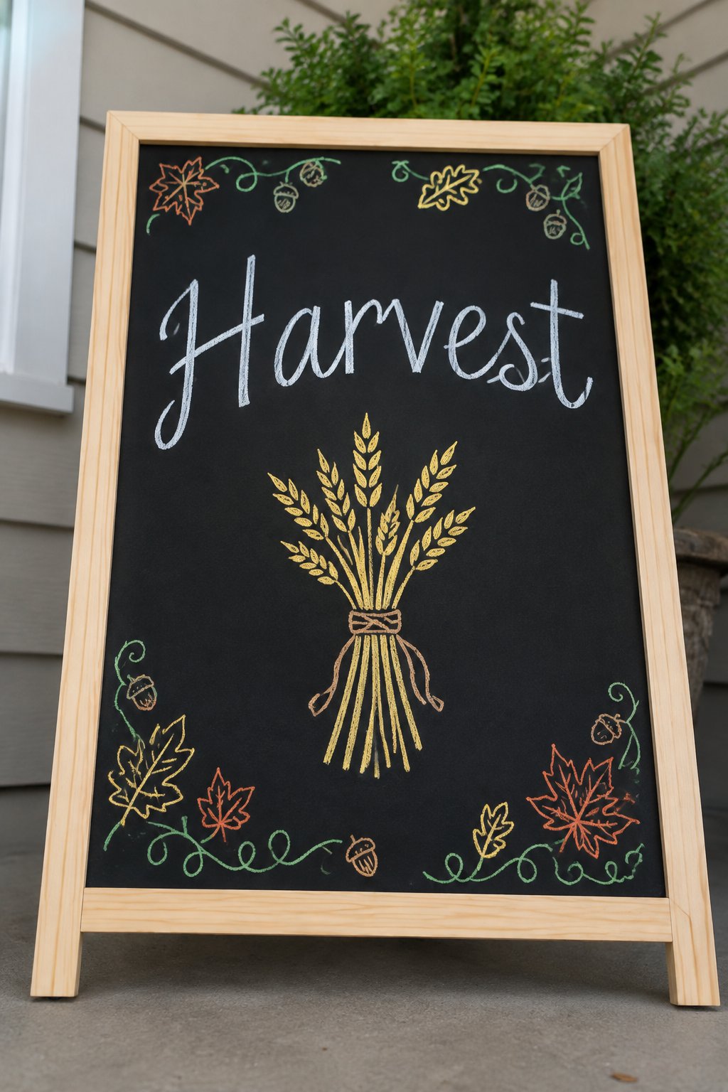 Wheat Bundle: a framed Thanksgiving chalkboard sign reading "Harvest", hand-drawn in chalk with a tied bundle of wheat in the center.