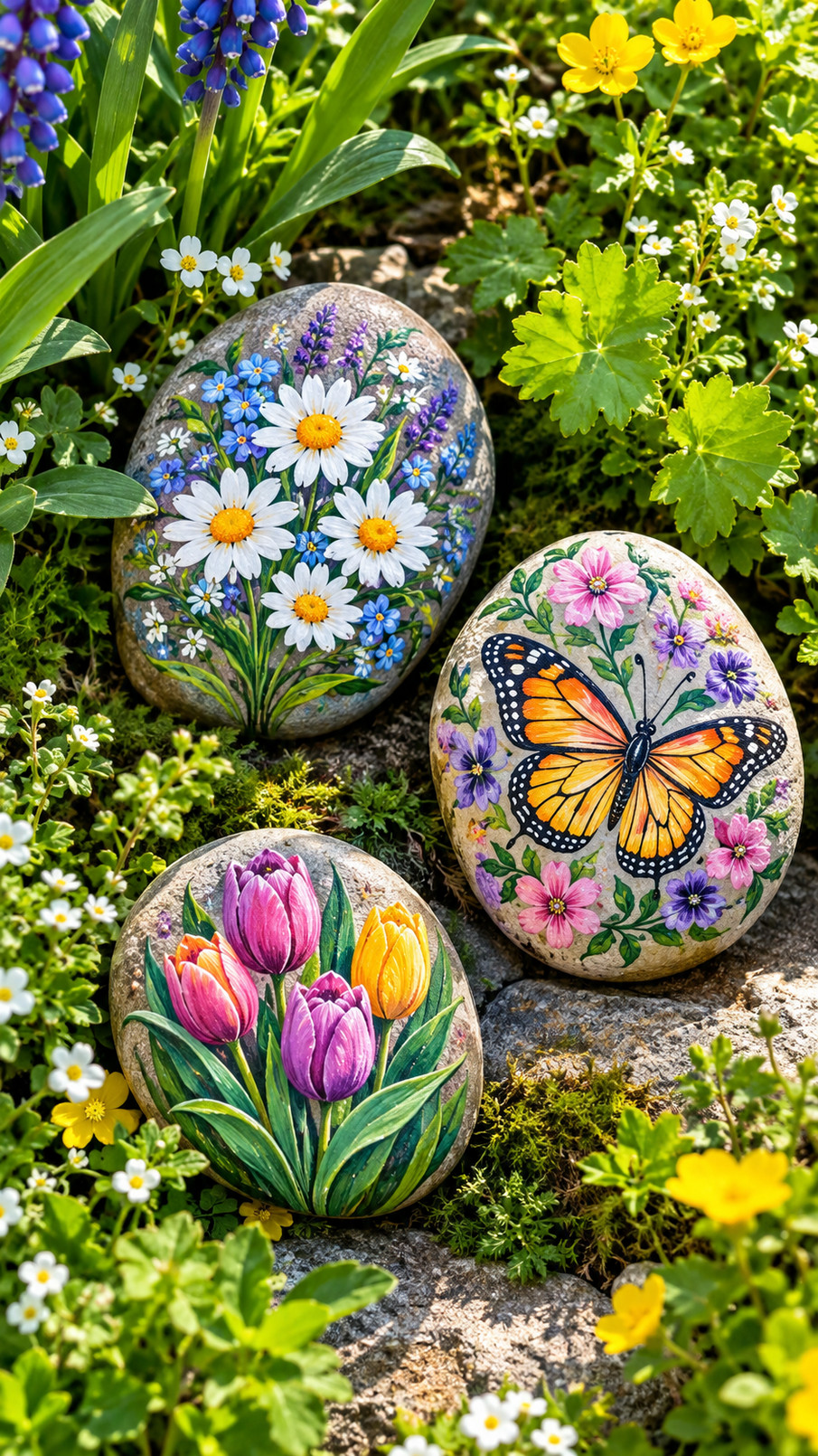 Painted spring garden rocks shaped like colorful yellow, blue, and pink rain boots decorated with tiny flowers.