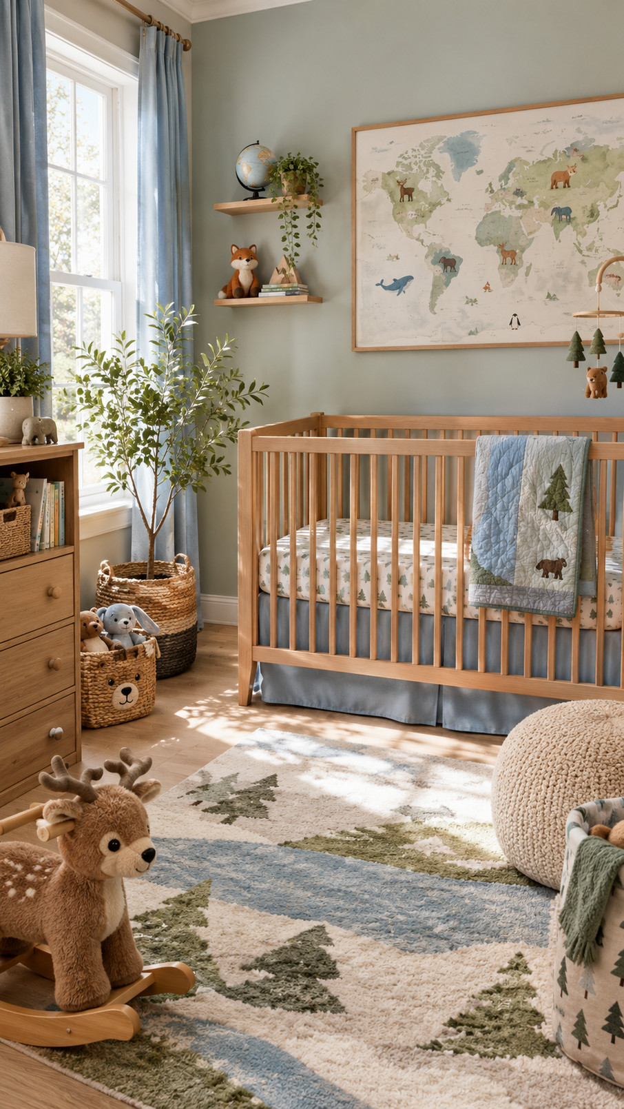 A woodland-themed boys' nursery with green walls, fox illustrations, leafy decor, soft textiles, and warm wooden accents.