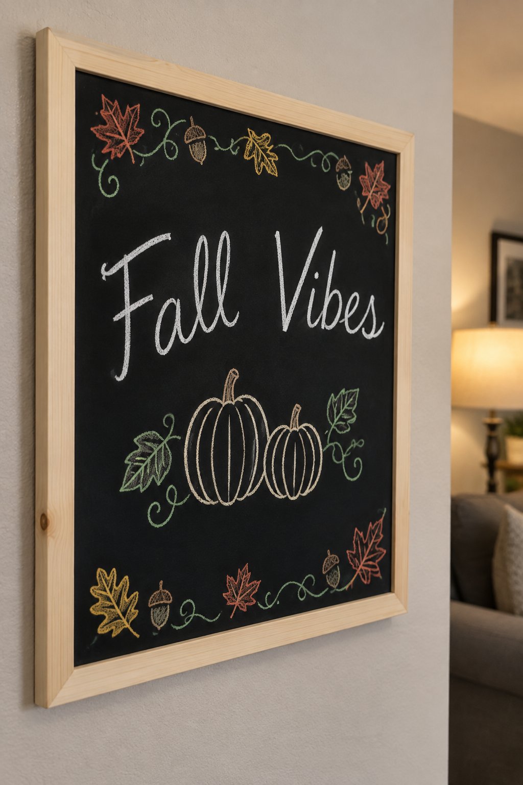 White Pumpkins and Vine: a framed fall chalkboard sign reading "Fall Vibes", hand-drawn in chalk with two pale pumpkins on a curling vine with two leaves.