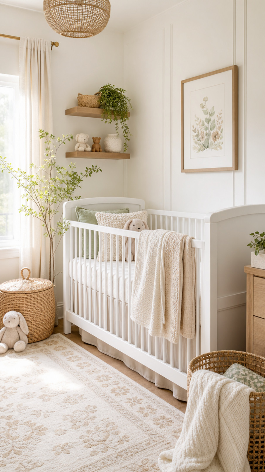 White star mobile hanging above a crib in a serene neutral nursery.