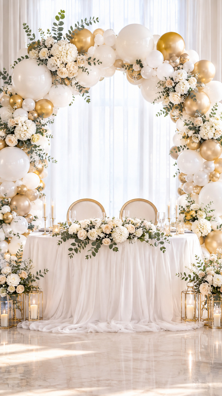White and gold balloon arch decorated with delicate white tulips at an elegant wedding ceremony.