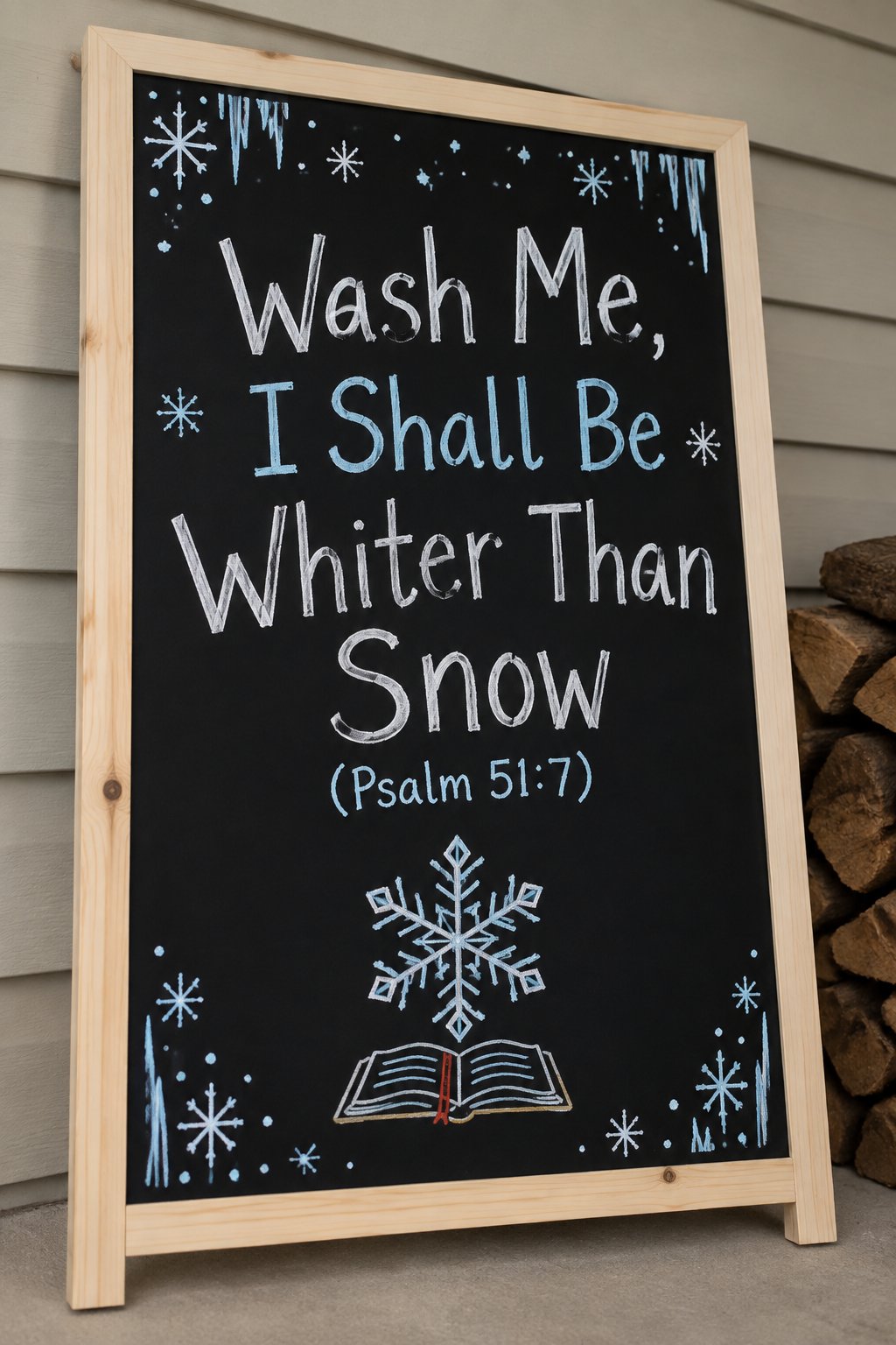 Whiter Than Snow Board: a framed winter chalkboard sign reading "Wash Me, I Shall Be Whiter Than Snow (Psalm 51:7)", hand-drawn in chalk with one large snowflake drawn in the center with a small open 