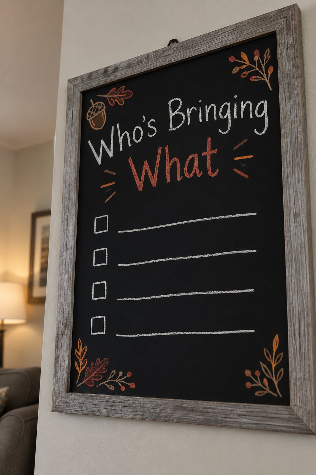 Who's Bringing What: a framed chalkboard sign showing "Who's Bringing What", hand-drawn in fall chalk colors, with four blank lines each beside a small empty checkbox, for potluck dishes.